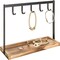 Black Metal Tabletop Key Holder with Burnt Wood Base – Entryway Catchall Organizer with 5 Hooks, Jewelry & Necklace Stand with Ring Tray ((Burnt Wood)